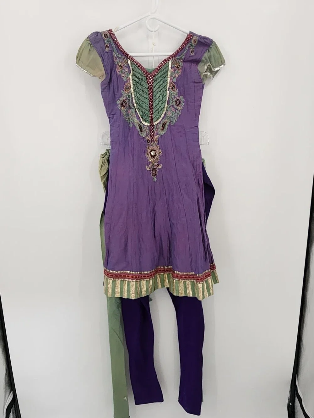 Girls Purple & Green Embellished Anarkali Dress with Dupatta, Size 7 Girl